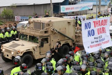 A U.S. military vehicle which is a part of Terminal High Altitude Area Defense (THAAD) system arrives in Seongju