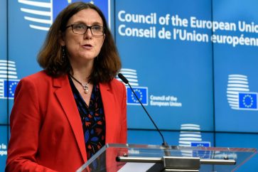 European Union Commissioner of Trade Cecilia Malmstrom (L) talks during a joint press conference after a Foreign Affairs Trade Ministers meeting at the EU headquarters in Brussels on May 22, 2018.  / AFP PHOTO / JOHN THYSJOHN THYS/AFP/Getty Images