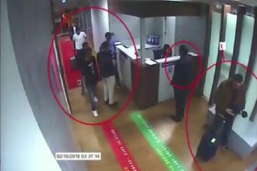 A frame grab on October 10, 2018 taken from a police CCTV video made available through Turkish Newspaper Sabah allegedly shows suspects in the case of missing Saudi journalist Jamal Khashoggi (unseen) at Istanbul's Ataturk airport on October 2, 2018. - Jamal Khashoggi, a veteran Saudi journalist who has been critical towards the Saudi government has gone missing after visiting the kingdom's consulate in Istanbul on October 2, 2018, the Washington Post reported. Saudi Arabia agreed to let Turkish authorities search its Istanbul consulate as part of the investigation into the disappearance of journalist Jamal Khashoggi, as his fiancee asked Donald Trump to help uncover what happened to the Riyadh critic. (Photo by - / Sabah Newspaper / AFP)