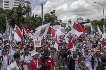 En décembre 2018, manifestation à Jakarta hostile à la décision de Donald Trump de transférer l'ambassade us à Jérusalem al-Qods occupée