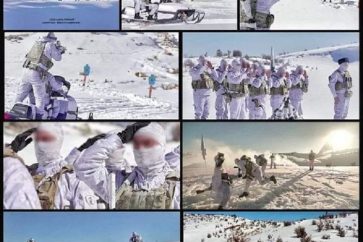 Exercices militaires d'une force spéciale du Hezbollah dans une zone neigeuse.