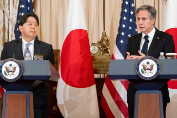 Conférence de presse du secrétaire d'Etat US, Antony Blinken et son homologue japonais Yoshimasa Hayashi, à l'issue d'une réunion à Washington, le 11 janvier 2023.
