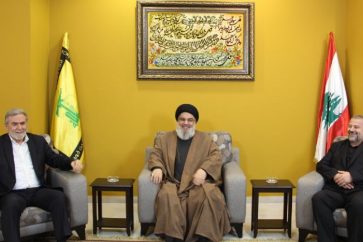 Entretien entre Sayed Hassan Nasrallah, et les dirigeants du Jihad et du Hamas Ziad Nakhaleh et Salah Arouri, le 2 septembre 2023.